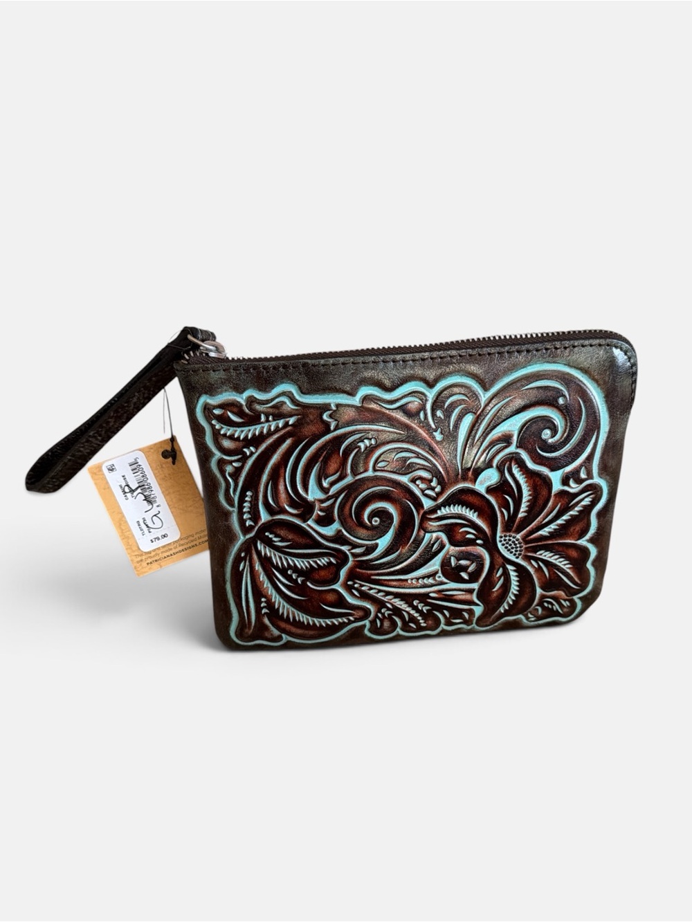 Patricia Nash Brown Leather Hand-Tooled Wristlet with Turquoise Highlights